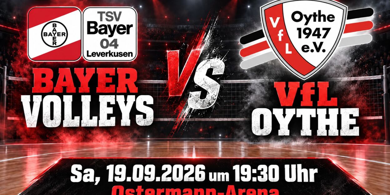 Spielankündigung BayerVolleys Leverkusen gegen VfL Oythe am 19. September 2026 in der Ostermann-Arena.