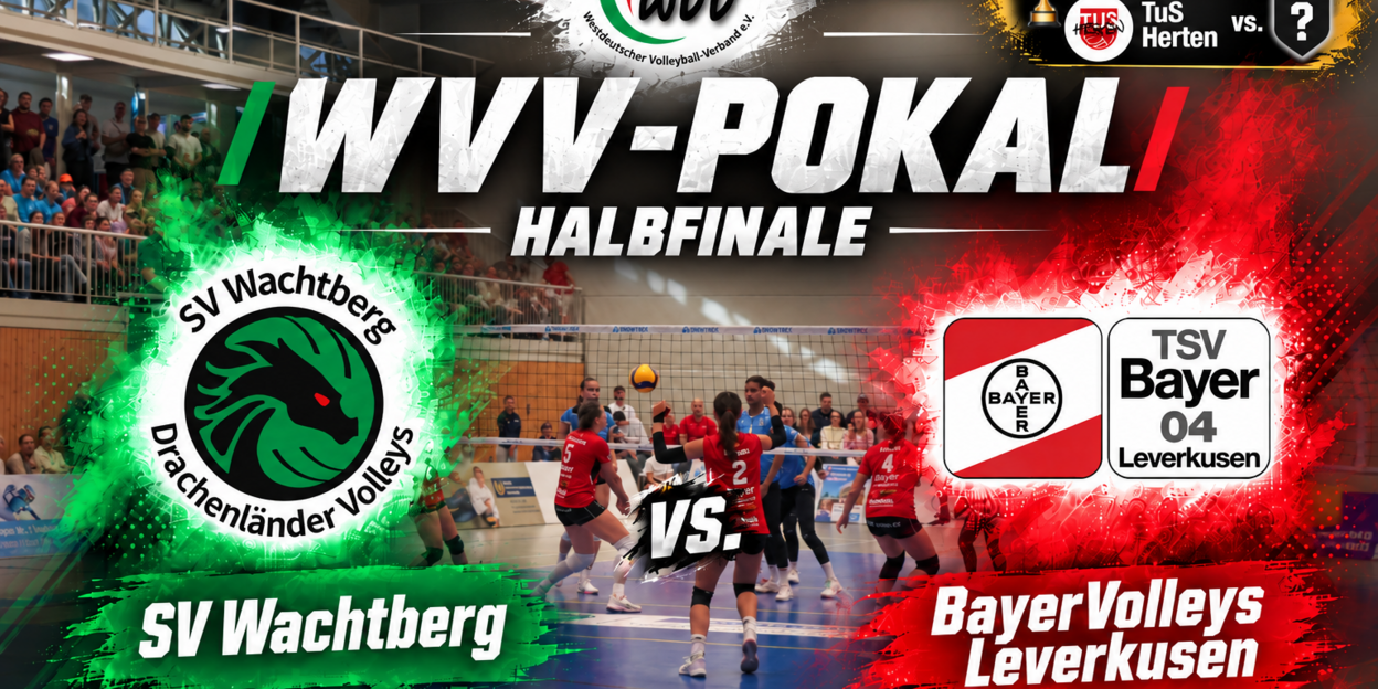 Grafik zum WVV-Pokal-Halbfinale im Frauen-Volleyball mit Original-Hintergrundfoto aus einer Spielszene in der Halle. Links das Logo von SV Wachtberg, rechts das Logo der BayerVolleys Leverkusen, dazwischen der Schriftzug „VS.“. Oben steht „WVV-Pokal Halbf