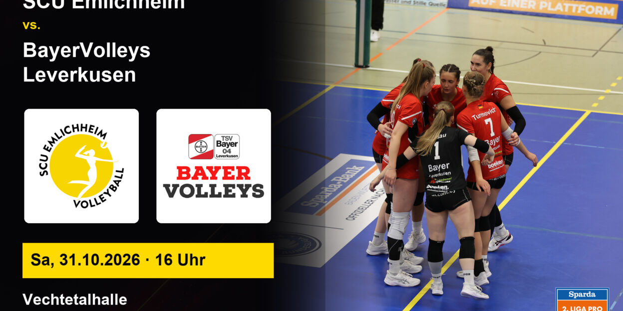 Spielerinnen der BayerVolleys Leverkusen stehen während eines Volleyballspiels in einem Kreis zusammen und besprechen sich auf dem Spielfeld.