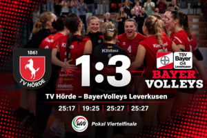 Spielgrafik zum Pokal-Viertelfinale im Frauenvolleyball: TV Hörde verliert gegen BayerVolleys Leverkusen 1:3. Im Hintergrund jubeln Spielerinnen von BayerVolleys Leverkusen, vorne sind die Vereinslogos sowie die Satzergebnisse 25:17, 19:25, 25:27 und 25:2